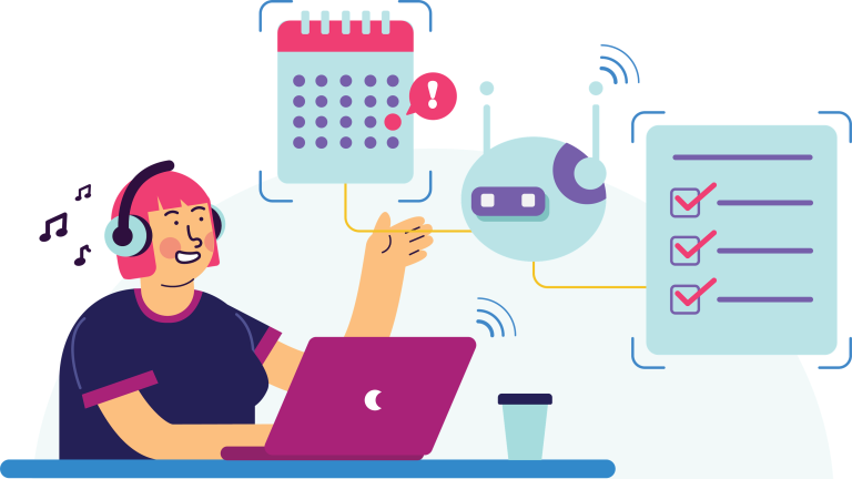 GO Get Organised Blog on the benefits of working with a Virtual Assistant (VA) with graphic illustration a virtual working with headphones and calendars and tickboxes to indicate achievement