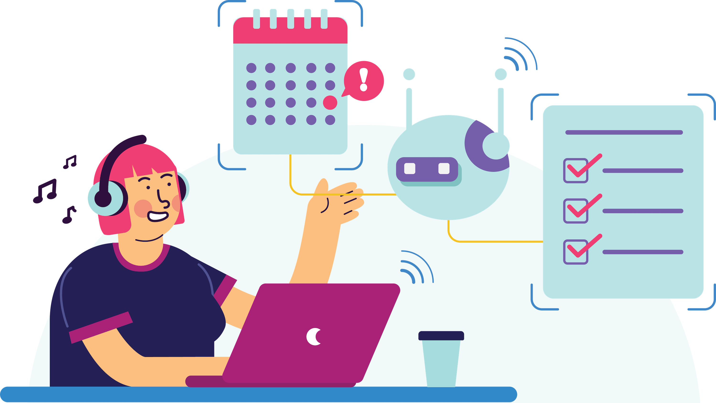 GO Get Organised Blog on the benefits of working with a Virtual Assistant (VA) with graphic illustration a virtual working with headphones and calendars and tickboxes to indicate achievement